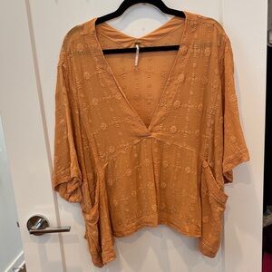 Free People Burnt Orange Amber Skies Embroidered Top Sz Small with pockets